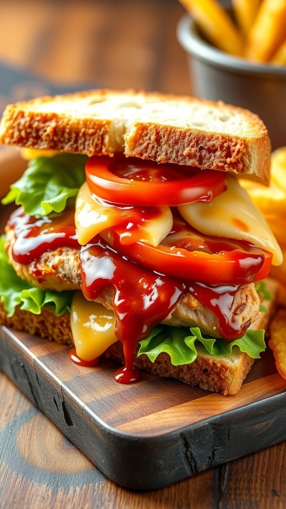 Garlic Bread BBQ Chicken Sandwich A delicious garlic bread BBQ chicken sandwich with grilled chicken, lettuce, tomato, and cheese on a wooden board with fries.